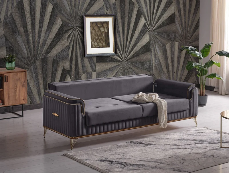 Casa Padrino Luxus Schlafsofa Dunkelgrau / Braun / Gold 228 x 94 x H. 88 cm - Wohnzimmer Sofa mit 3 Kissen - Luxus Wohnzimmer Möbel