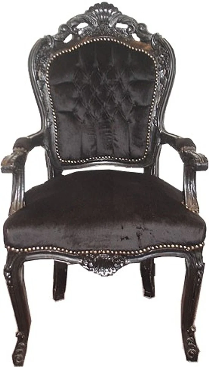 Casa Padrino Barock Esszimmerstuhl mit Armlehnen, Massivholz Schwarz / Samt Schwarz, 108 x 53 x 57 cm
