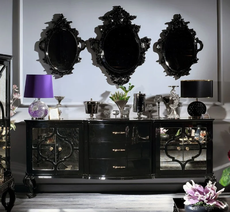 Casa Padrino Luxus Barock Spiegel Set Schwarz - 3 Handgefertigte Wandspiegel im Barockstil - Prunkvolle Barock Möbel