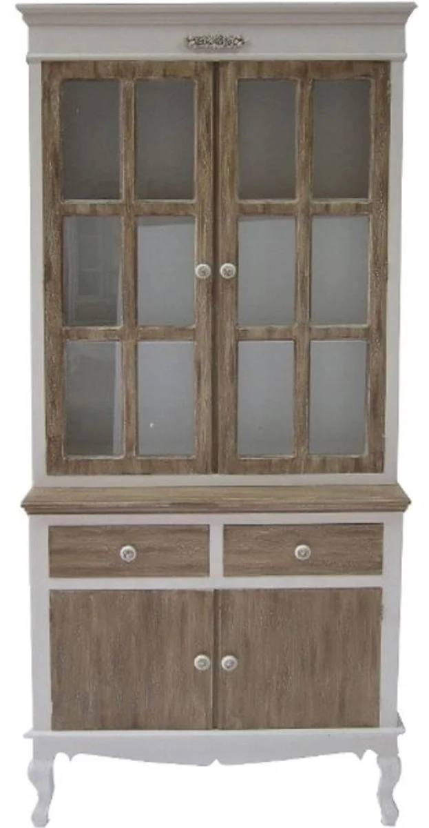 Casa Padrino Landhausstil Vitrinenschrank in Weiß / Braun - 89 x 40 x H. 195 cm - Massiver Vitrinenschrank mit Glas