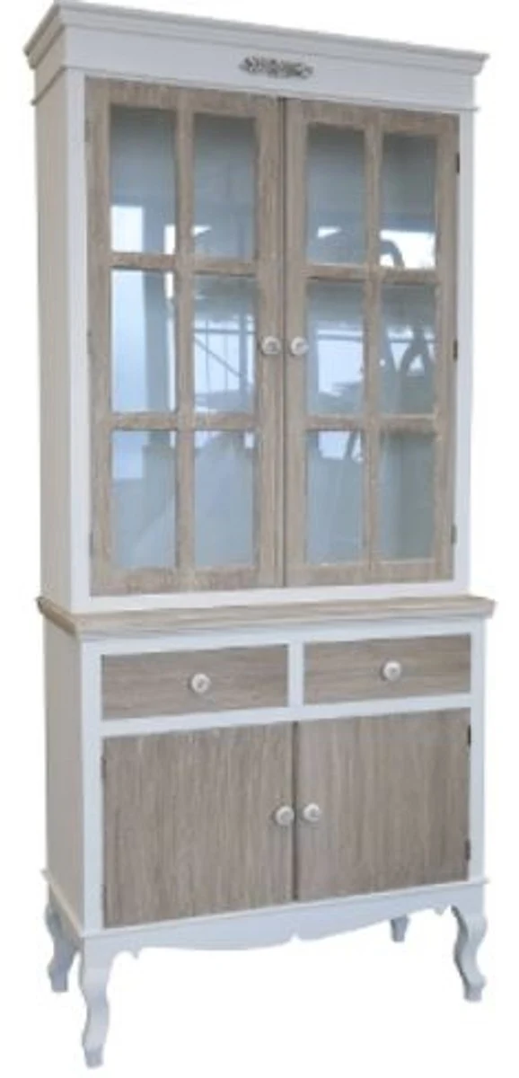 Casa Padrino Landhausstil Vitrinenschrank in Weiß / Braun - 89 x 40 x H. 195 cm - Massiver Vitrinenschrank mit Glas