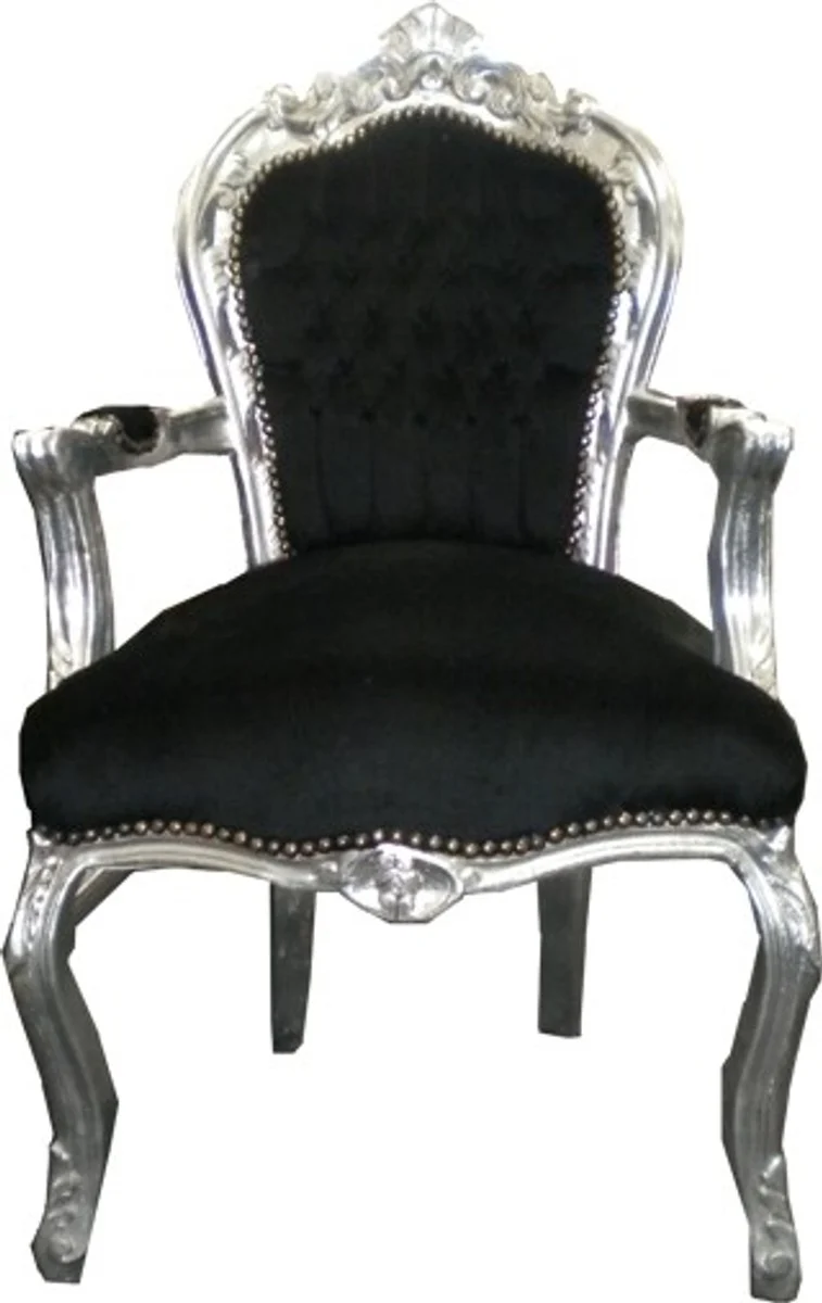 Casa Padrino Barock Esszimmerstuhl mit Armlehnen Schwarz/Silber, 108 cm Höhe, Massivholz, Samtbezug