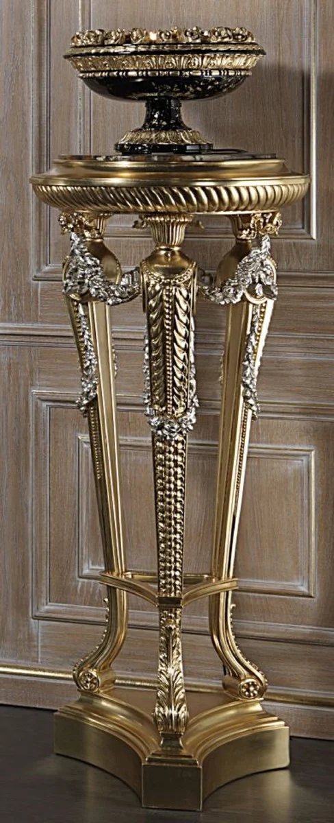 Casa Padrino Luxus Barock Säule Gold / Silber / Schwarz - Prunkvolle handgeschnitzte Deko Säule mit Marmorplatte - Hotel Möbel - Schloss Möbel - Luxus Qualität - Made in Italy
