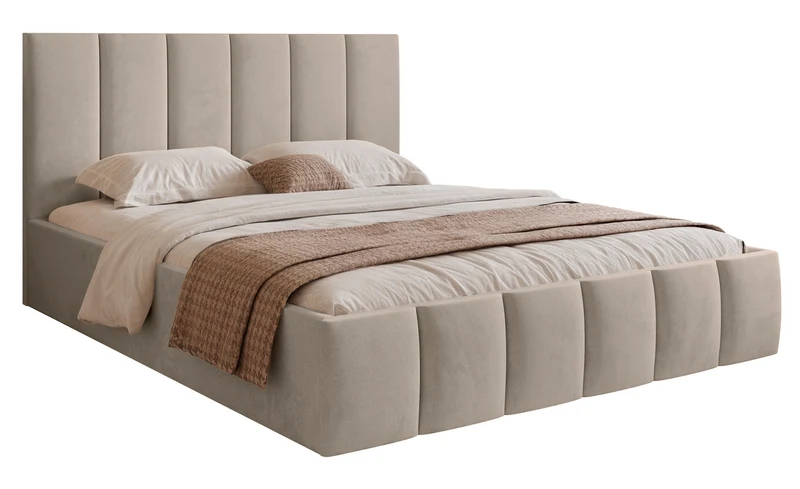 Gepolstertes Bett 160x200 cm Sarafino mit Bettkasten, grau-beiges Samt, Metallrahmen