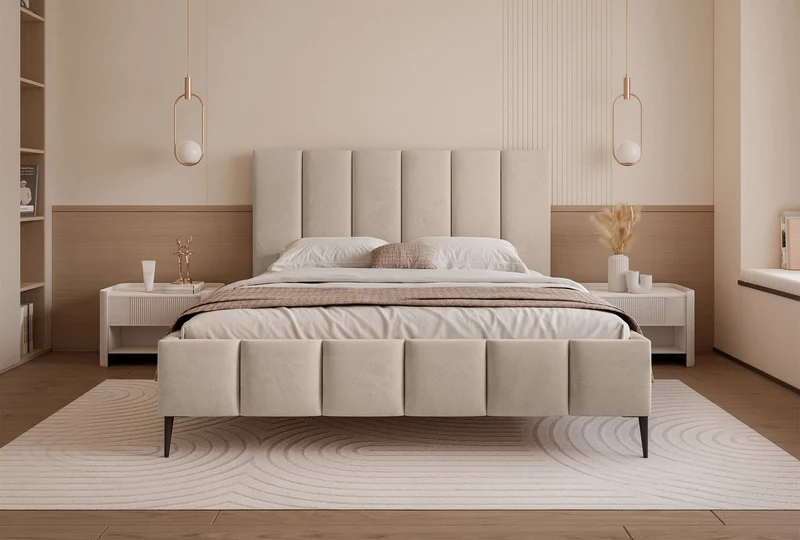 Polsterbett 160x200 cm Sarafino mit Bettkasten, beige Samt, Metallrahmen auf hohen Beinen