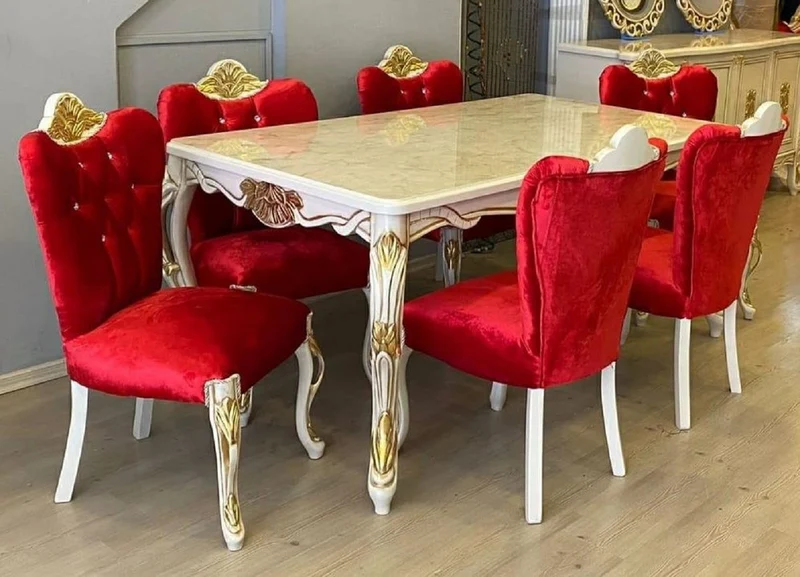 Casa Padrino Luxus Barock Esszimmer Set Rot / Weiß / Gold - 1 Barock Esstisch & 6 Barock Esszimmerstühle mit Glitzersteinen - Esszimmer Möbel im Barockstil - Barock Möbel - Edel & Prunkvoll