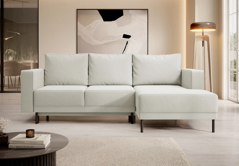 Ecksofa mit Schlafunktion Rodario Mini, L-förmig, mit Stauraum, hellbeiger, pflegeleichter Samt, rechtsseitig