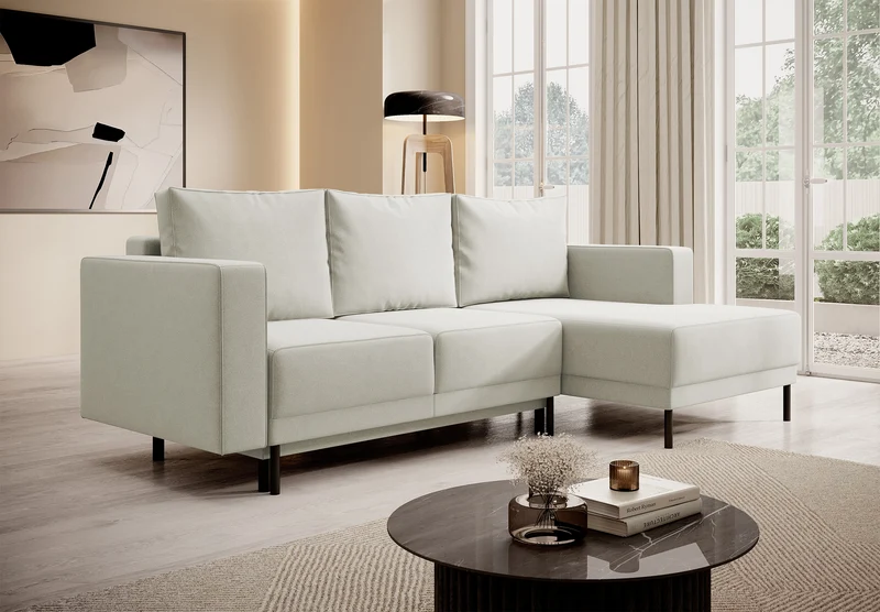 Ecksofa mit Schlafunktion Rodario Mini, L-förmig, mit Stauraum, hellbeiger, pflegeleichter Samt, rechtsseitig
