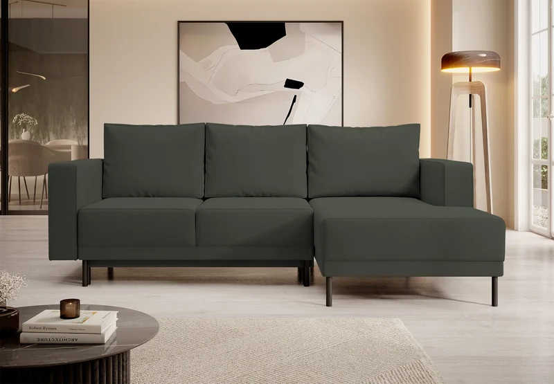 Ecksofa mit Schlaffunktion Rodario Mini, L-förmig, mit Stauraum, olivgrüner, pflegeleichter Samt, rechtsseitig