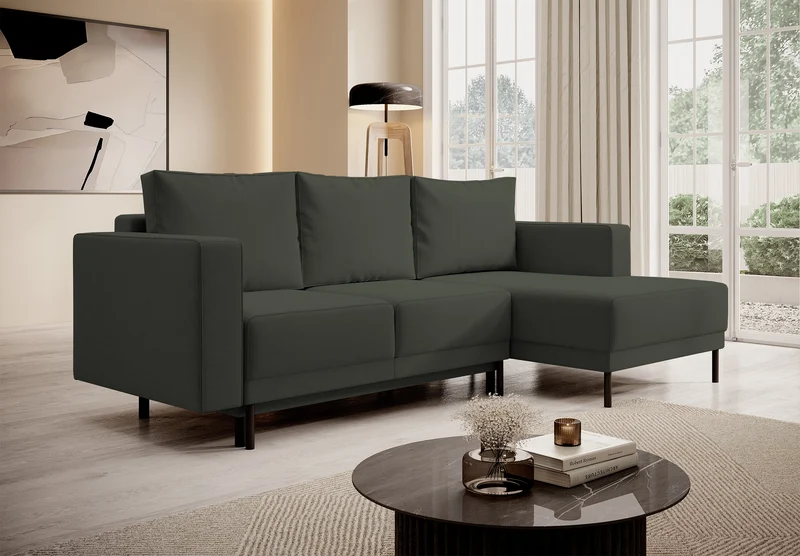 Ecksofa mit Schlaffunktion Rodario Mini, L-förmig, mit Stauraum, olivgrüner, pflegeleichter Samt, rechtsseitig