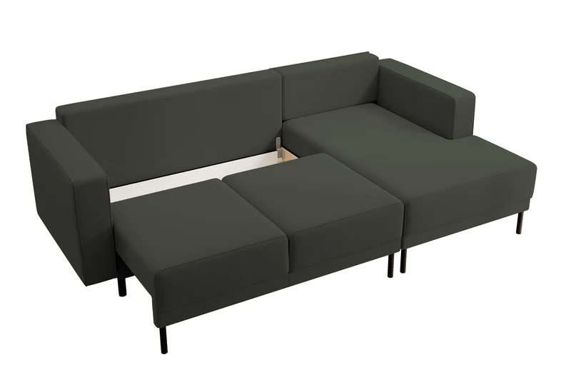 Ecksofa mit Schlaffunktion Rodario Mini, L-förmig, mit Stauraum, olivgrüner, pflegeleichter Samt, rechtsseitig