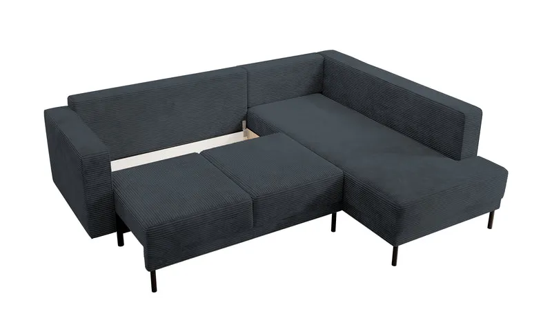 Ecksofa Rodario mit Schlafunktion und Bettkasten, dunkelgrauer Cord, rechtsseitig