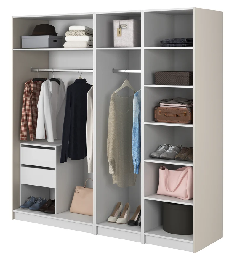 Vierflügeliger Kleiderschrank Moonir mit zwei Kleiderstangen, Regalen und Container, 200 cm, Grau-Beige