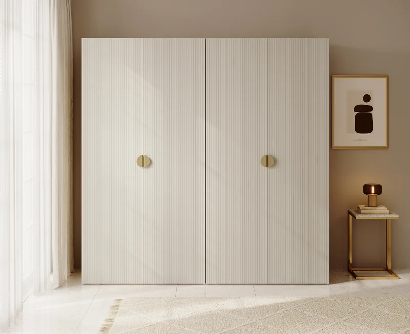 Vier­türiger Schrank Moonir mit zwei Kleiderstangen, 200 cm, Grau-Beige
