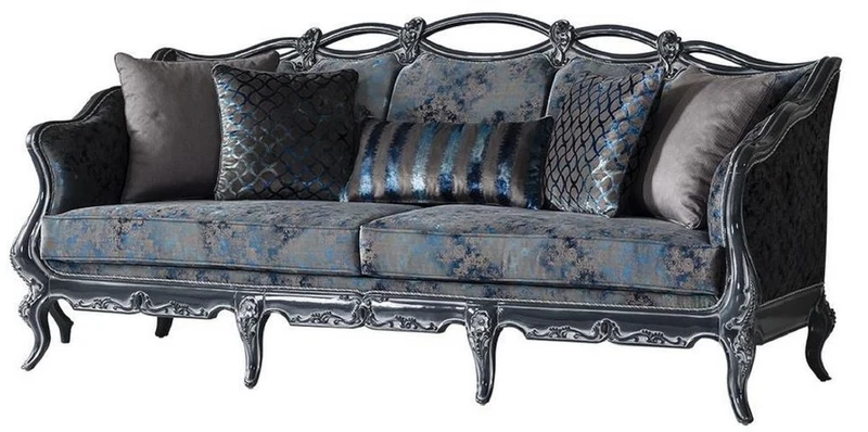 Casa Padrino Luxus Barock Sofa Grau / Blau / Grau 224 x 103 x H. 110 cm - Edles Wohnzimmer Sofa mit elegantem Muster und dekorativen Kissen - Barockstil Wohnzimmer Möbel