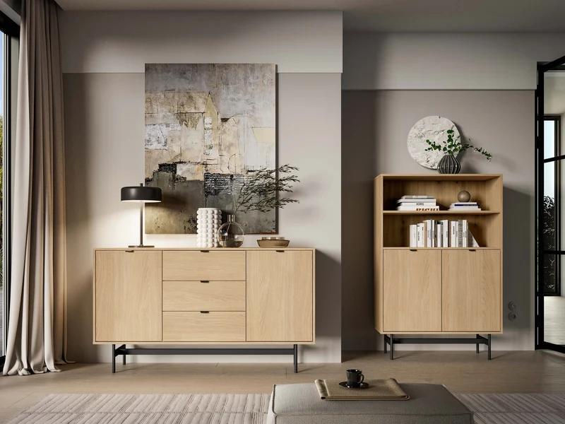 Zweiturige Kommode Reynos mit drei Schubladen, 150 cm, Eiche Mavelie
