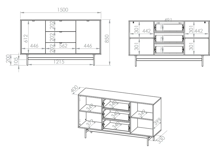 Zweiturige Kommode Reynos mit drei Schubladen, 150 cm, Eiche Mavelie