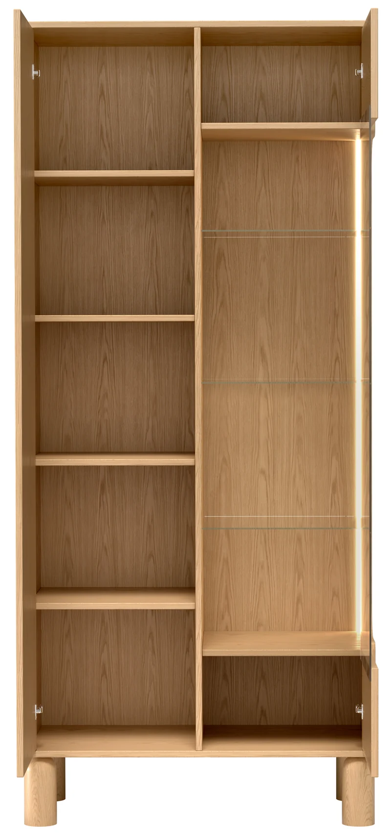 Zweiflügelige Sanden-Vitrine hoch mit LED-Beleuchtung 89 cm Eiche Bookmatch