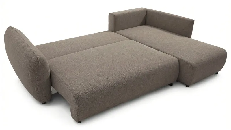Ecksofa mit Schlaffunktion Zordo, L-förmig, rechtsseitig, mit zwei Stauraumfächern, hellbrauner Chenille-Stoff