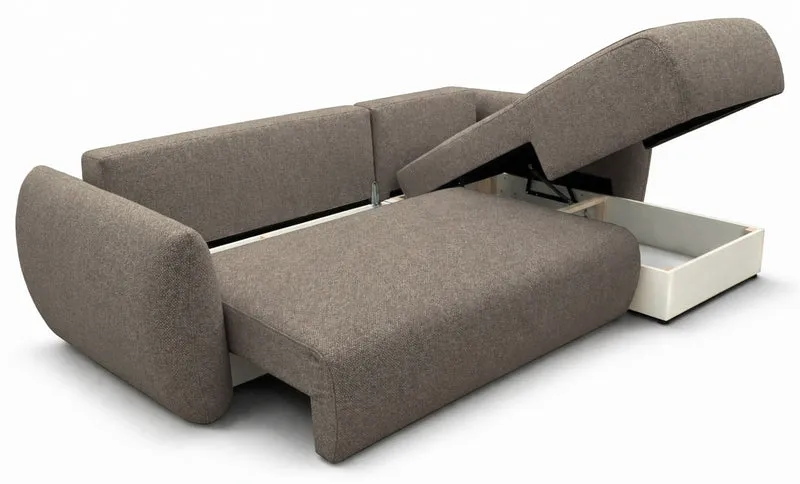 Ecksofa mit Schlaffunktion Zordo, L-förmig, rechtsseitig, mit zwei Stauraumfächern, hellbrauner Chenille-Stoff