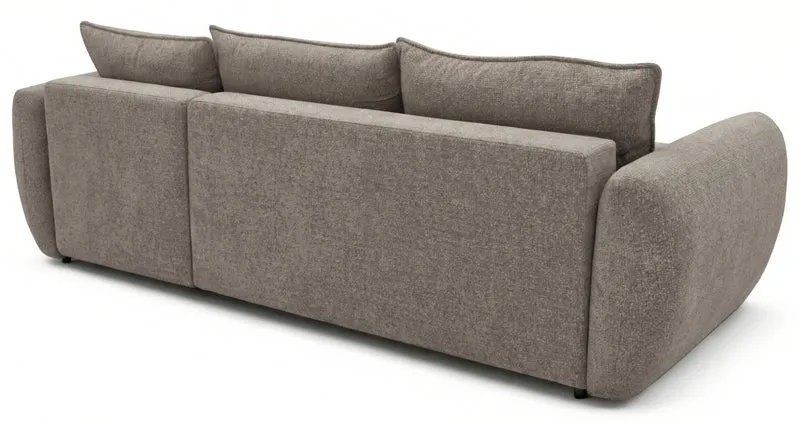 Ecksofa mit Schlaffunktion Zordo, L-förmig, rechtsseitig, mit zwei Stauraumfächern, hellbrauner Chenille-Stoff