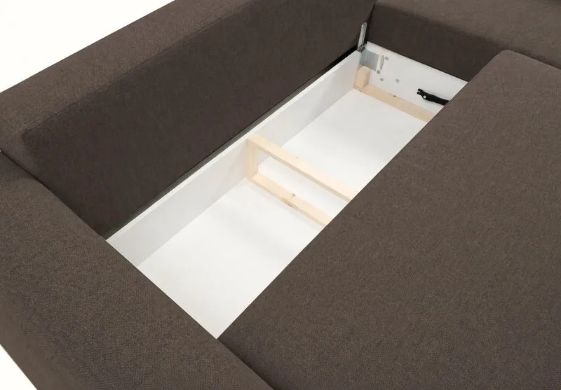 Ecksofa mit Schlaffunktion Zordo, L-förmig, rechtsseitig, mit zwei Stauraumfächern, braunes Chenille