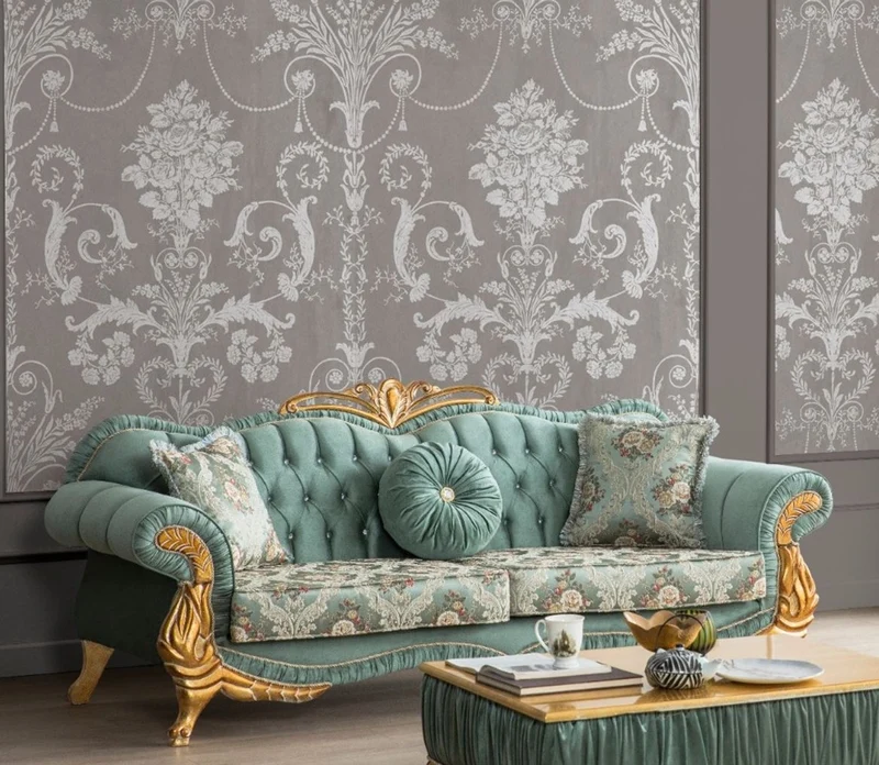 Casa Padrino Luxus Barock Wohnzimmer Set Grün / Gold - 2 Sofas mit Muster & 2 Sessel mit Muster & 1 Couchtisch - Wohnzimmer Möbel im Barockstil - Edel & Prunkvoll