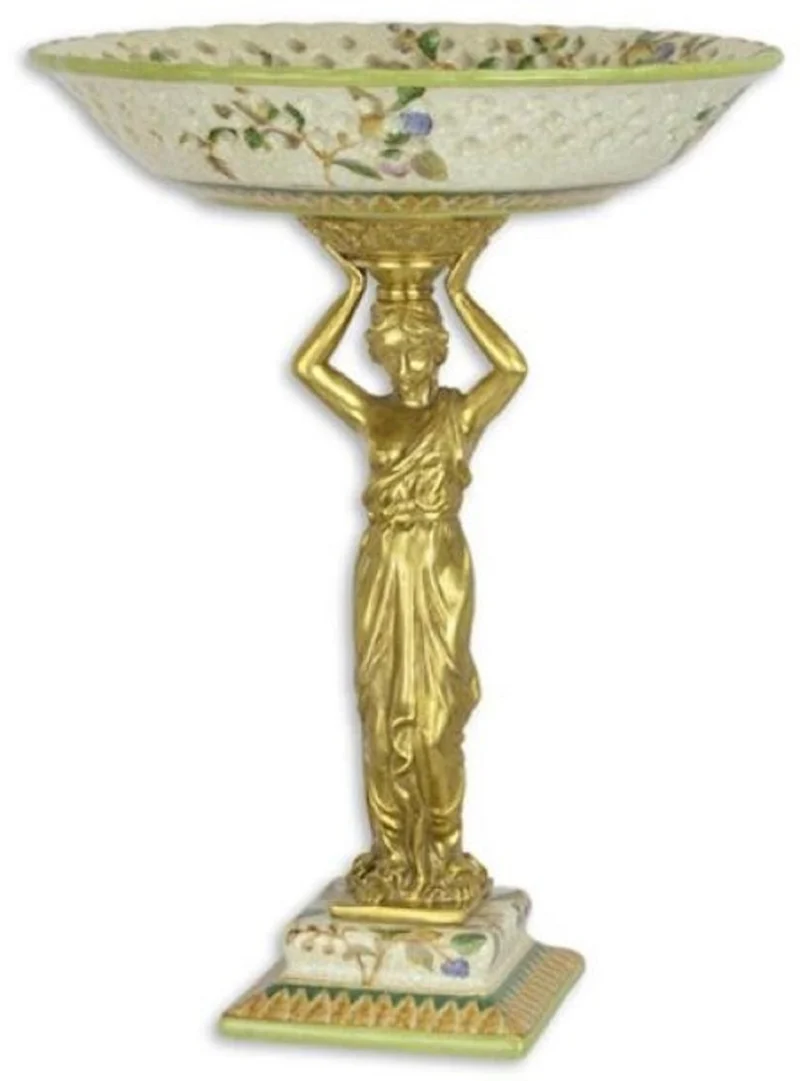 Casa Padrino Jugendstil Deko Schale Mehrfarbig / Gold Ø 25 x H. 33,2 cm - Elegante Porzellan Obstschale mit dekorativer Bronzefigur - Barock & Jugendstil Deko Accessoires