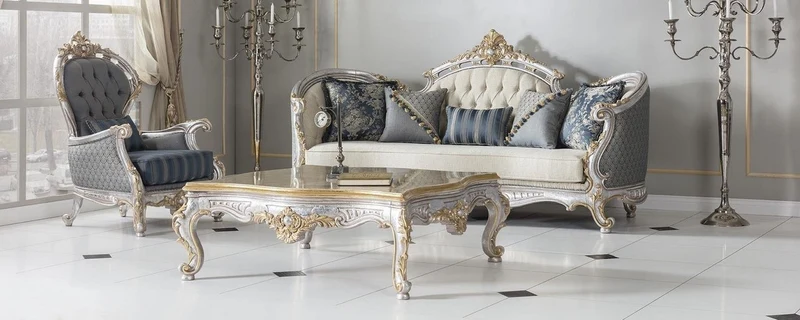Casa Padrino Luxus Barock Wohnzimmer Sofa mit dekorativen Kissen Creme / Blau / Silber / Gold 250 x 95 x H. 125 cm - Edel & Prunkvoll