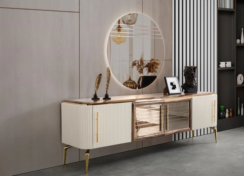 Casa Padrino Luxus Art Deco Sideboard Braun / Weiß / Gold 235 x 48 x H. 76 cm - Edler Schrank mit 4 Türen - Art Deco Möbel