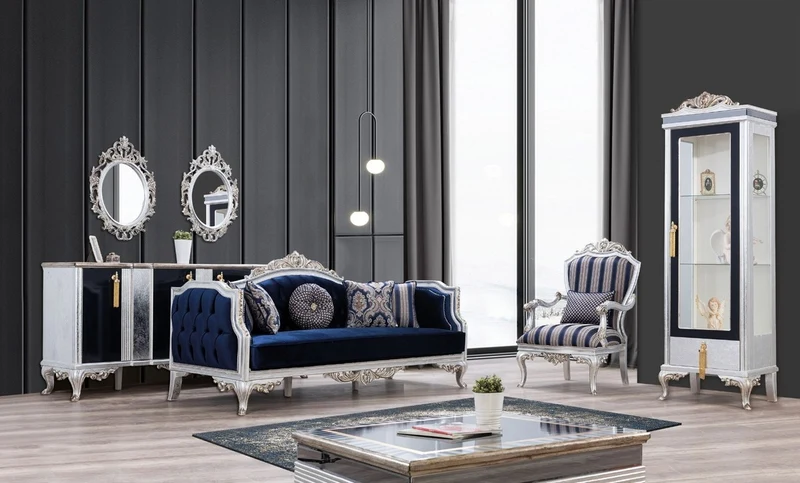 Casa Padrino Luxus Barock Vitrine Silber / Schwarz / Gold - Handgefertigter Massivholz Vitrinenschrank - Barock Wohnzimmer Möbel