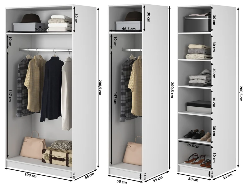 Vierflügeliger Schrank Frame mit zwei Kleiderstangen und Regalen, 200 cm, Weiß