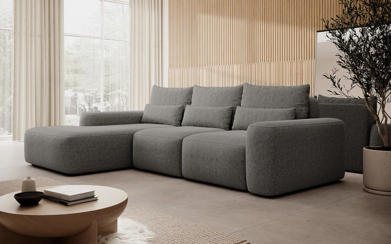 Ecksofa mit Schlaffunktion Carnos, L-förmig, mit zusätzlichen Lendenkissen, dunkelgrauer hydrophober Chenille-Stoff, linksseitig