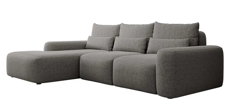 Ecksofa mit Schlaffunktion Carnos, L-förmig, mit zusätzlichen Lendenkissen, dunkelgrauer hydrophober Chenille-Stoff, linksseitig