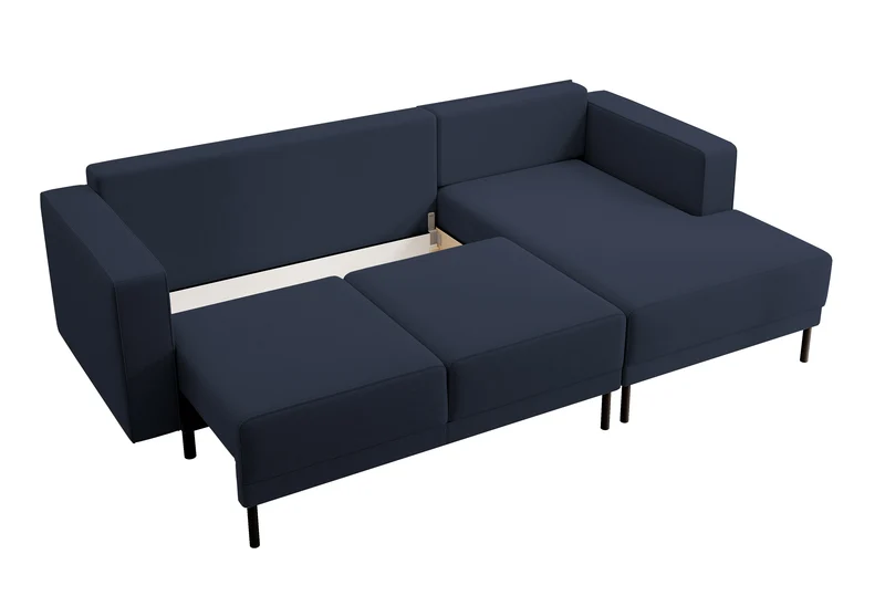 Ecksofa mit Schlaffunktion Rodario Mini, L-förmig, mit Stauraum, marineblauer, pflegeleichter Samt, rechtsseitig
