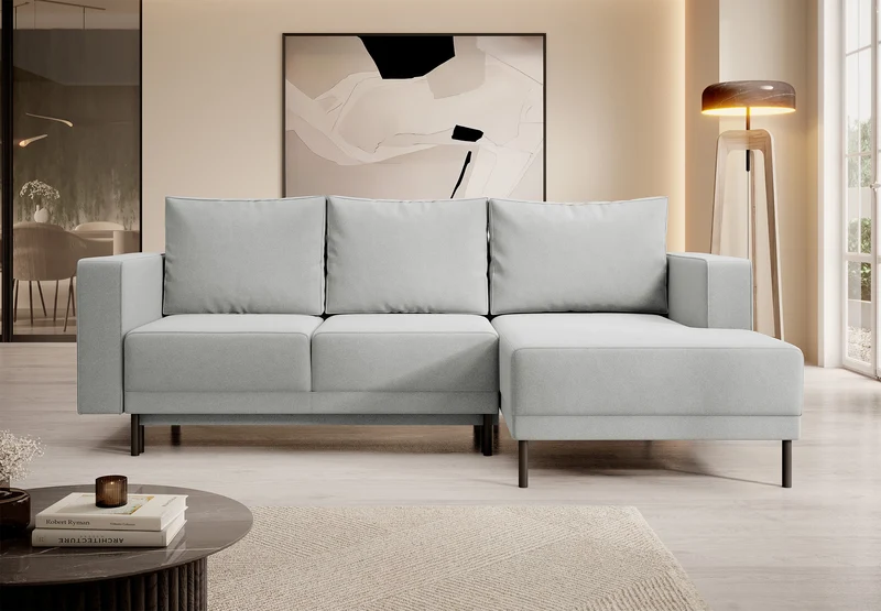 Ecksofa mit Schlaffunktion Rodario Mini, L-förmig, mit Stauraum, grau, leicht zu reinigender Samt, rechtsseitig