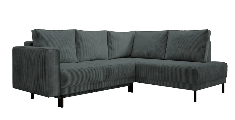 Ecksofa Rodario mit Schlaffunktion und Bettkasten, grauer Cord, rechtsseitig