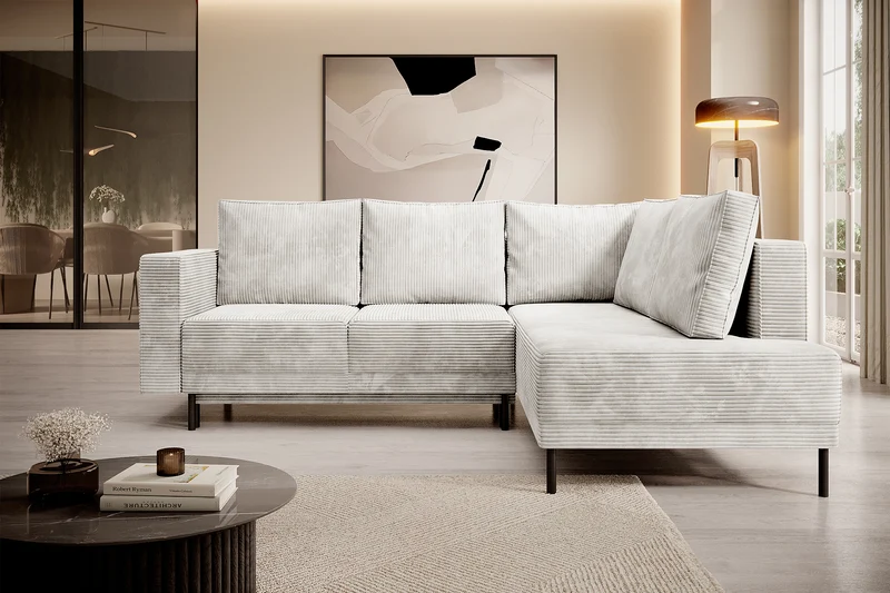 Ecksofa Rodario mit Schlaffunktion und Bettkasten, graubeiger Cord, rechtsseitig
