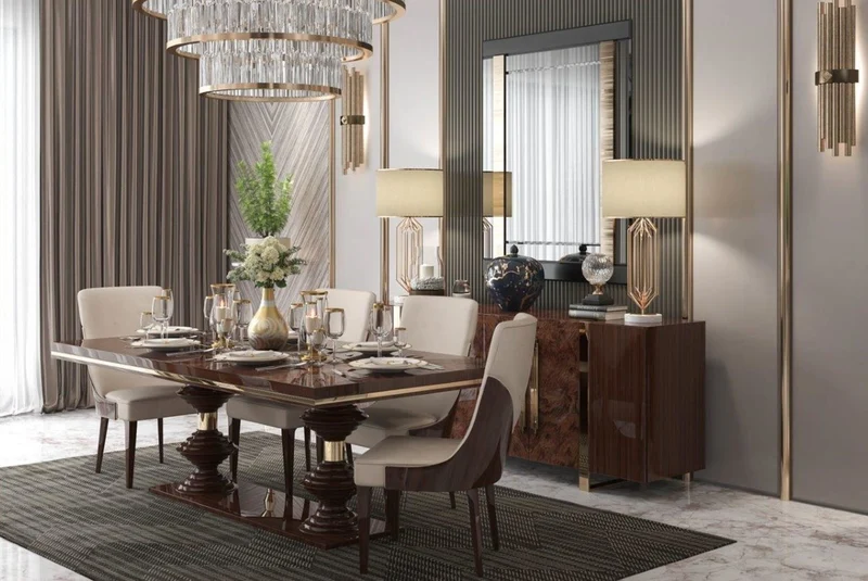 Casa Padrino Luxus Art Deco Esszimmer Stuhl Set Beige / Dunkelbraun Hochglanz - Küchen Stühle 6er Set - Edle Art Deco Esszimmer Möbel