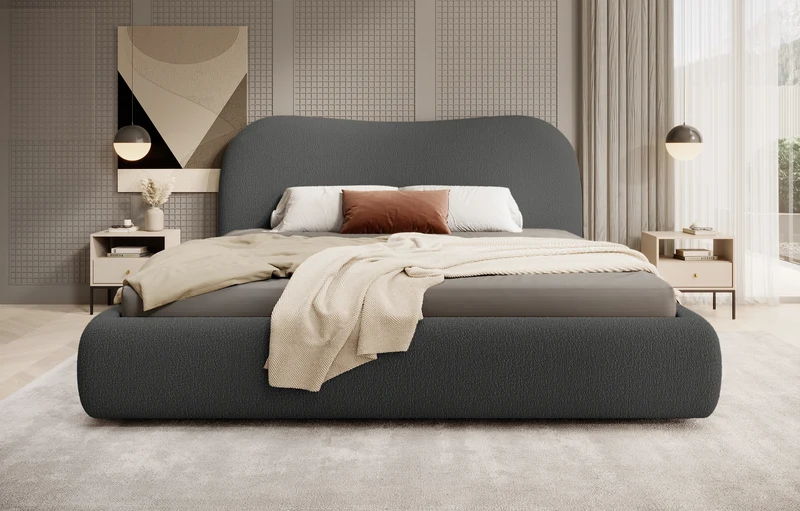 Gepolstertes Simsalo-Bett 180x200 cm mit Stauraum, grafitfarbenes Bouclé