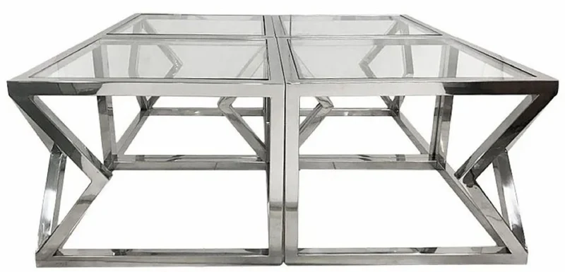 Casa Padrino Luxus Couchtisch Silber 112 x 112 x H. 43 cm - Metall Wohnzimmertisch mit Glasplatten - Wohnzimmer Möbel - Luxus Möbel