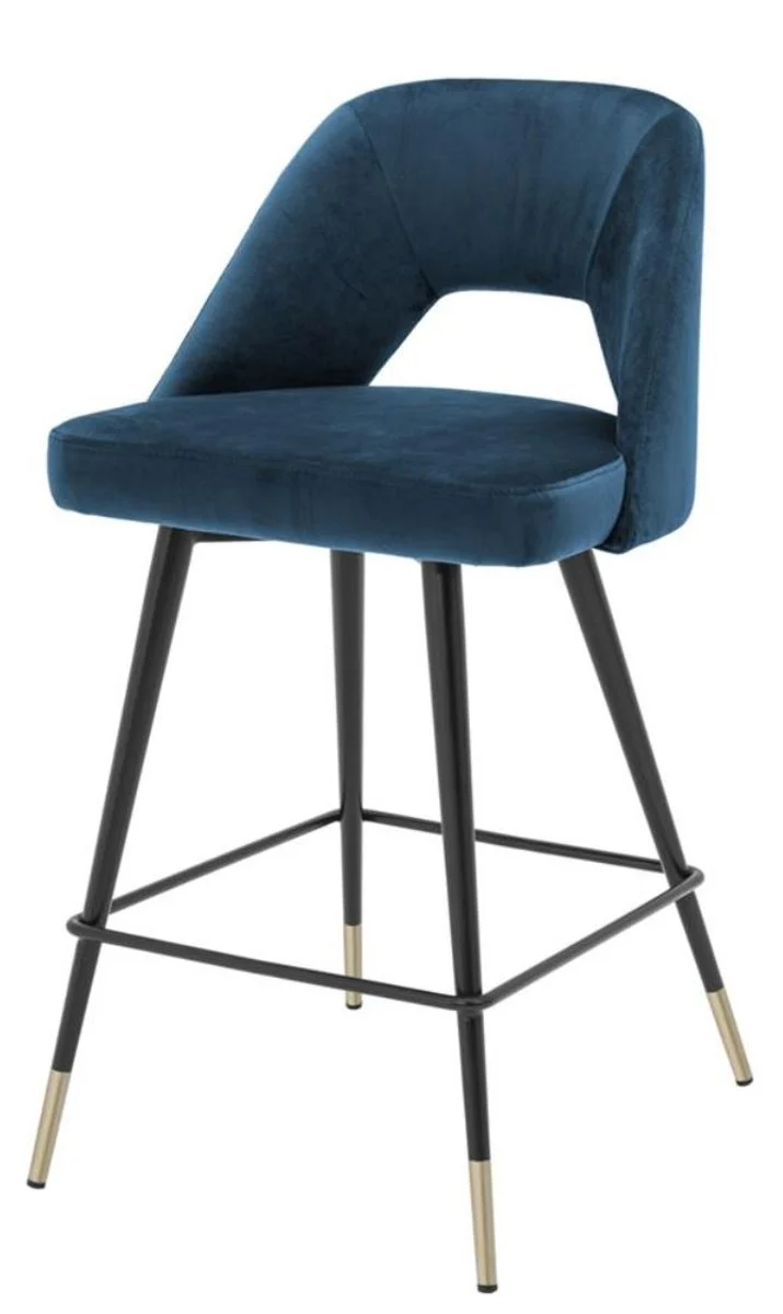 Casa Padrino Luxus Barstuhl Blau / Schwarz 50 x 50 x H. 90 cm - Luxus Barhocker mit Rückenlehne