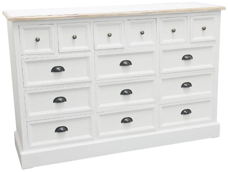 Casa Padrino Landhausstil Apothekerkommode Antik Weiß / Naturfarben 141 x 47 x H. 96 cm mit 15 Schubladen