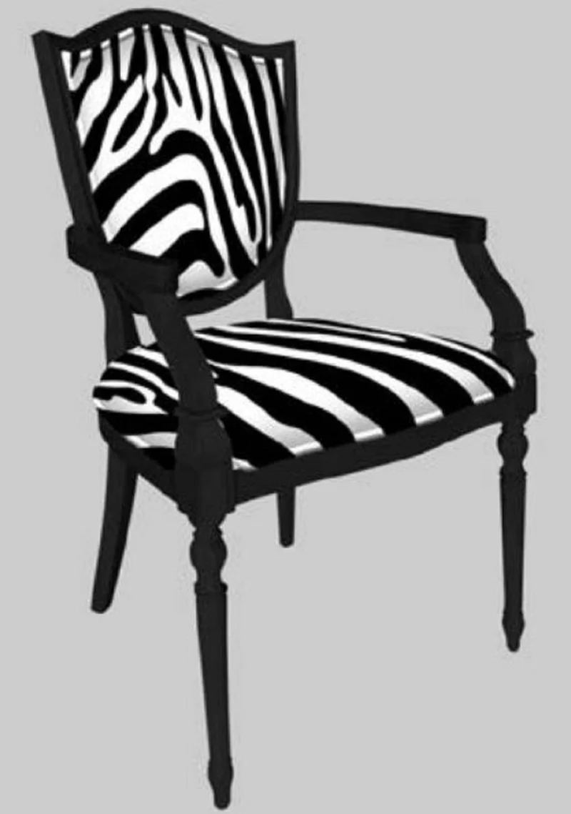 Casa Padrino Art Deco Esszimmerstuhl mit Armlehnen Weiß / Schwarz - Eleganter Massivholz Stuhl mit Zebra Design - Art Deco Esszimmer Möbel