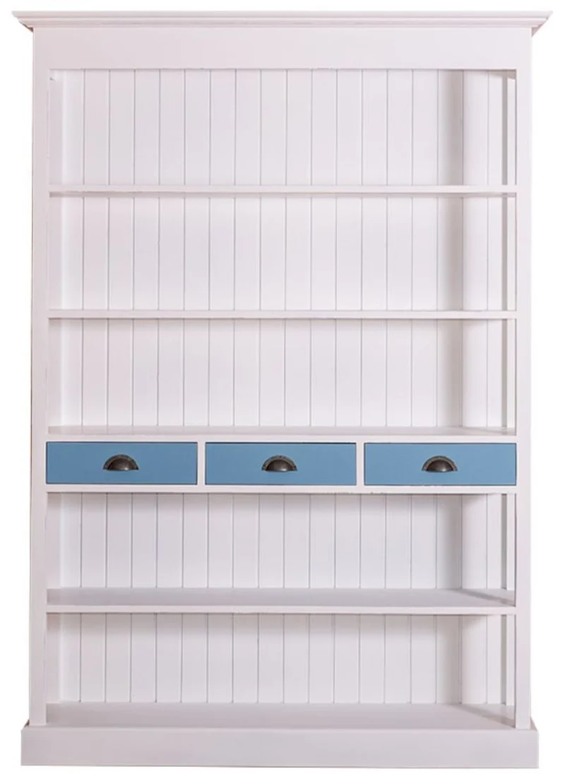 Casa Padrino Landhausstil Regalschrank Weiß / Blau 140 x 39 x H. 197 cm - Landhausstil Schrank mit 3 Schubladen