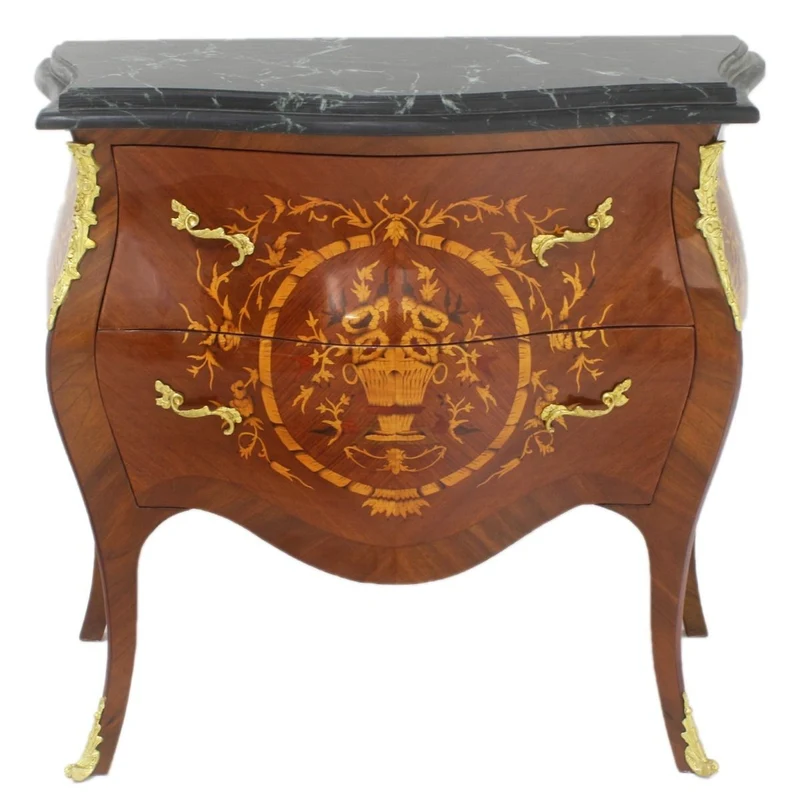 Casa Padrino Barock Kommode Braun / Gold / Schwarz 95 x 45 x H. 85 cm - Handgefertigte Massivholz Kommode mit 2 Schubladen und Marmorplatte - Barock Möbel