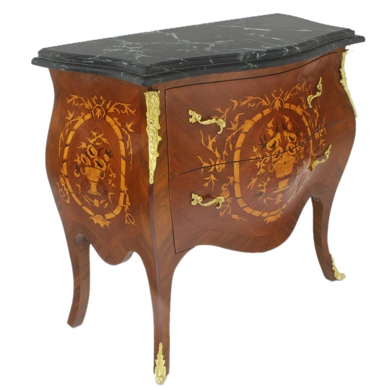Casa Padrino Barock Kommode Braun / Gold / Schwarz 95 x 45 x H. 85 cm - Handgefertigte Massivholz Kommode mit 2 Schubladen und Marmorplatte - Barock Möbel