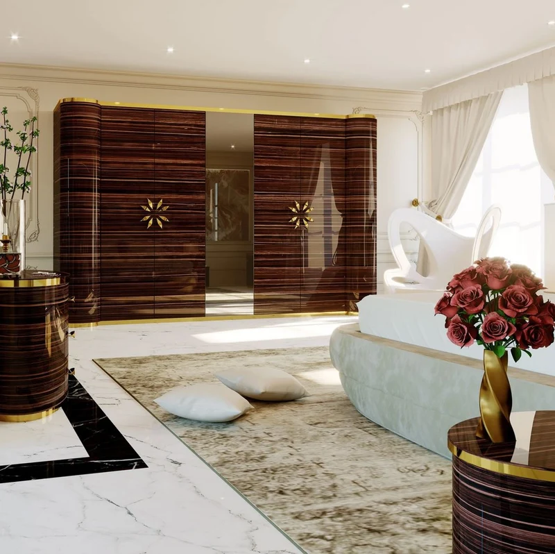 Casa Padrino Luxus Designer Schlafzimmerschrank Hochglanz Braun / Gold 285 x 62 x H. 250 cm - Edler Massivholz Kleiderschrank mit 4 Türen - Hotel Möbel - Luxus Qualität - Made in Italy