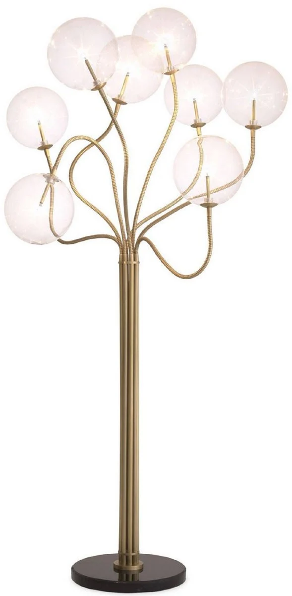 Casa Padrino Luxus Halogen Stehleuchte Antik Messingfarben / Schwarz Ø 70 x H. 170 cm - Dimmbare Metall Stehlampe mit runden Glas Lampenschirmen und Marmorfuß - Luxus Kollektion