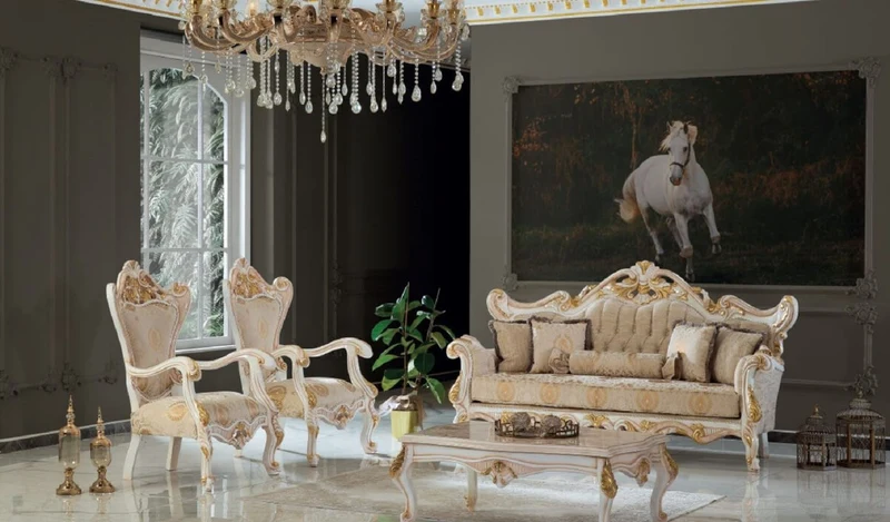 Casa Padrino Luxus Barock Sofa Beige / Weiß / Gold 225 x 90 x H. 128 cm - Handgefertigtes Wohnzimmer Sofa mit elegantem Muster - Barock Wohnzimmer Möbel - Edel & Prunkvoll